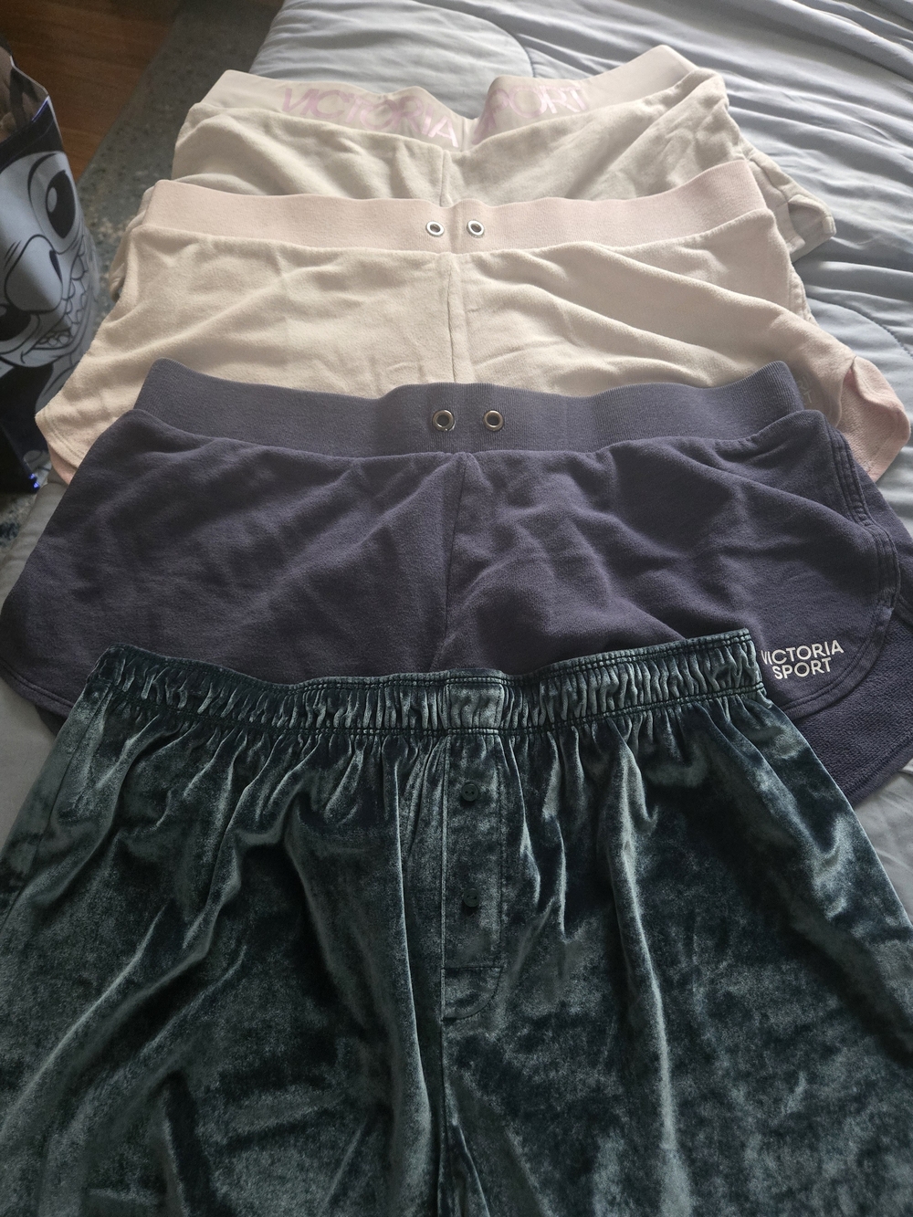 VS/PINK Navy, Baby Pale Pink, Tan Sport And Green Velvet Shorts Set